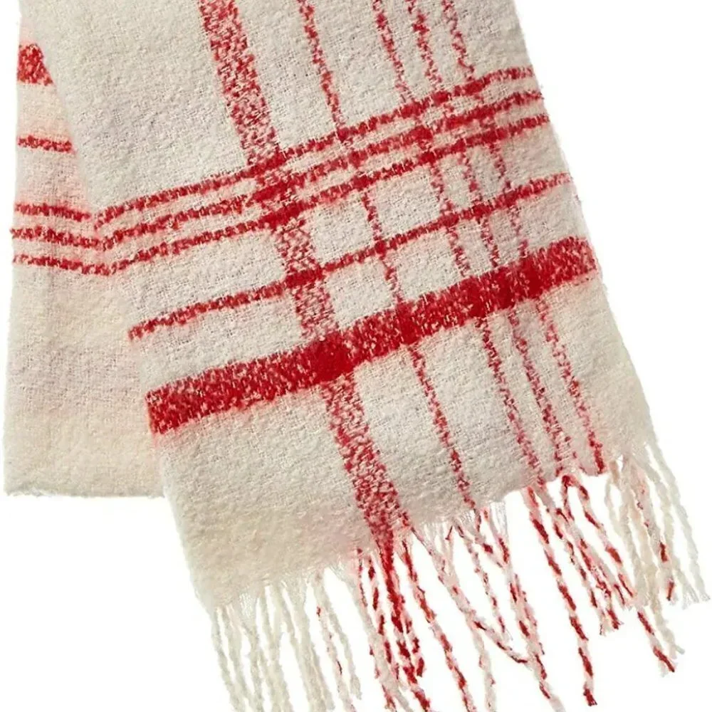 Free People Prep Brushed Plaid Blanket Scarf Size One -Ivory Red